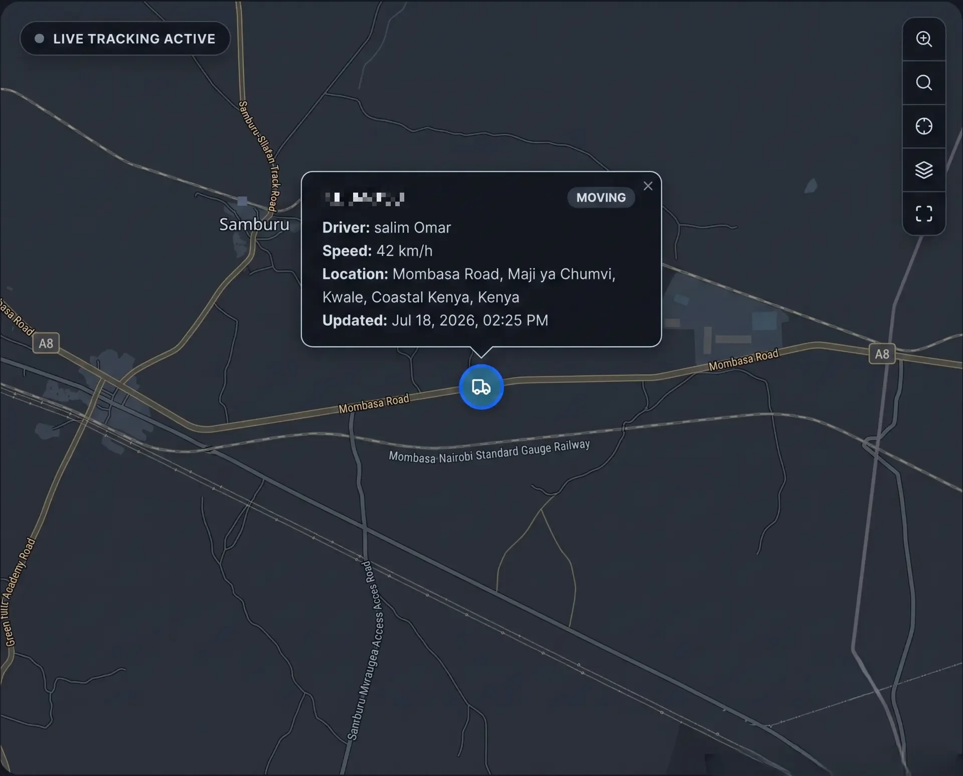 Live vehicle detail view — KBD435J moving on Mombasa Road with driver, speed and location telemetry