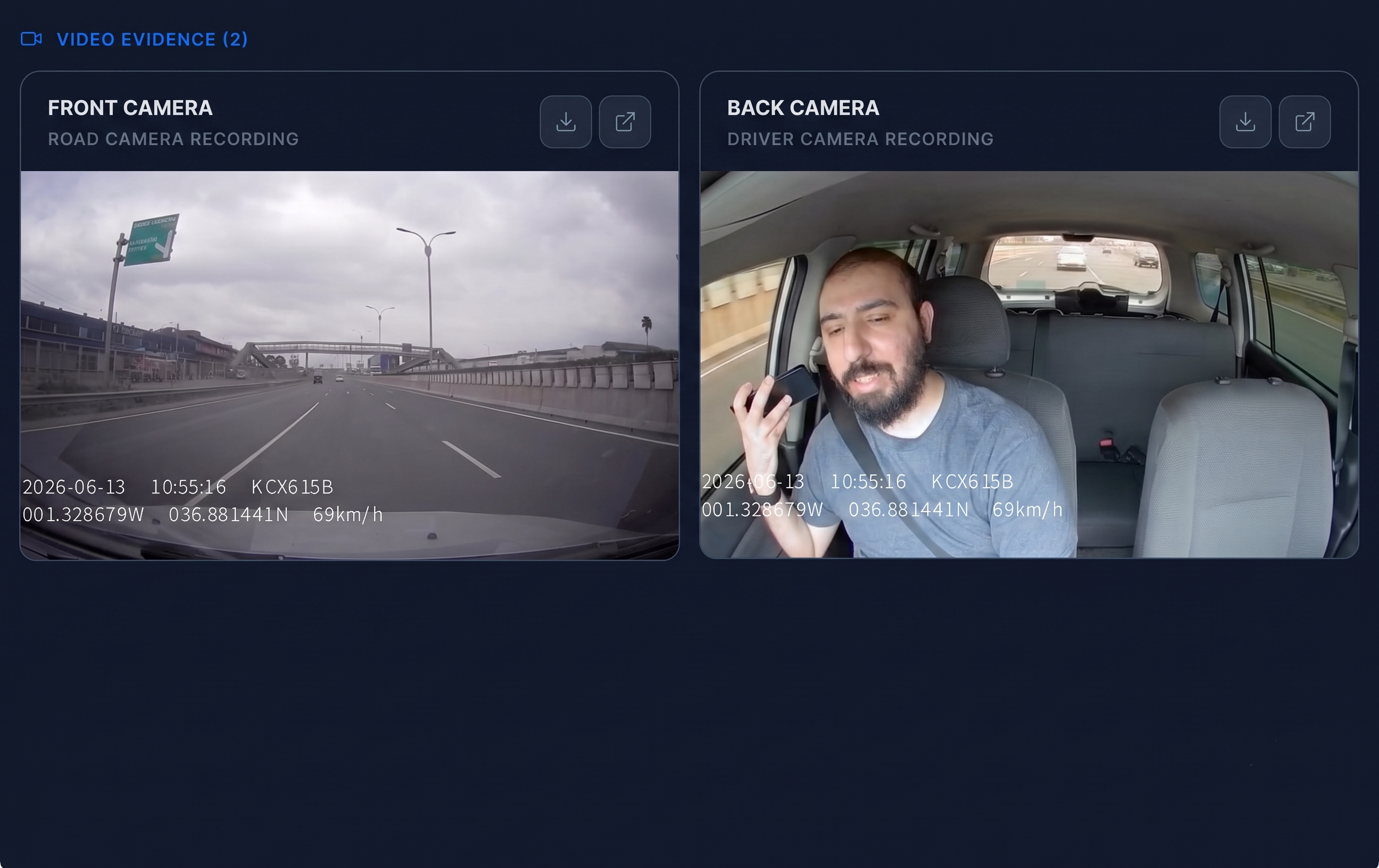 AI dash cam view — KDA 887C road-facing camera with detection overlays