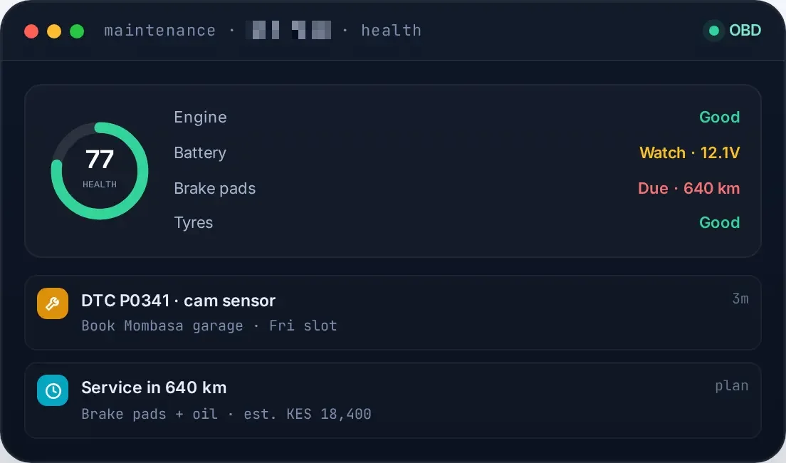 Maintenance view — KBZ 402M component health, fault codes and service due-dates